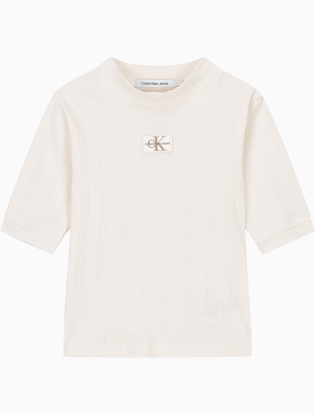 Buy 여성 모노그램 로고 뱃지 립 슬림핏 반팔 티셔츠 in color WHITE