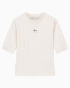 Buy 여성 모노그램 로고 뱃지 립 슬림핏 반팔 티셔츠 in color WHITE
