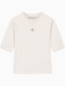 Buy 여성 모노그램 로고 뱃지 립 슬림핏 반팔 티셔츠 in color WHITE