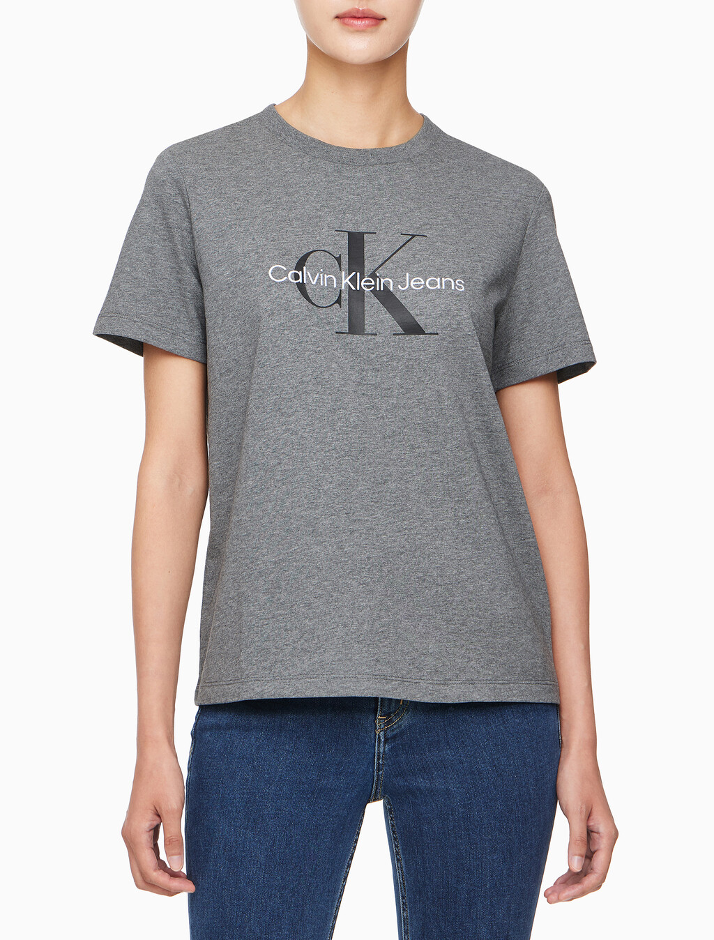 Buy 여성 히어로 모노로고 크루넥 반팔 티셔츠 in color MEDIUM GREY HEATHER