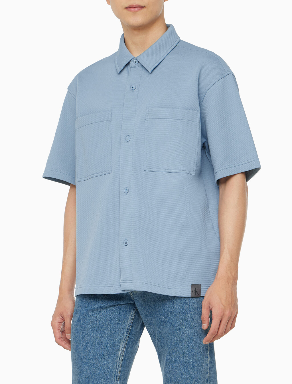 Buy 남성 릴렉스핏 텍스처 피케 반팔 오버 셔츠 in color BLUE