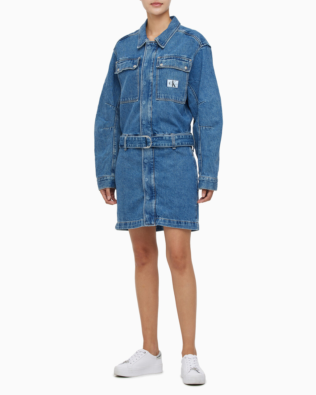 Buy 여성 볼륨 슬리브 데님 드레스 in color MID BLUE BACK EMBRO