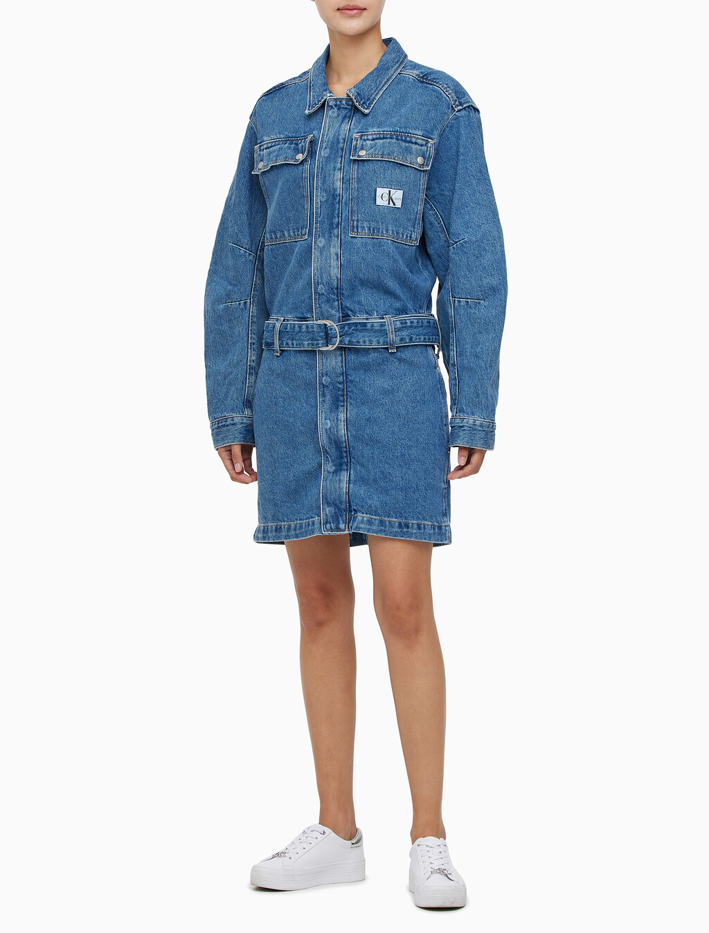 Buy 여성 볼륨 슬리브 데님 드레스 in color MID BLUE BACK EMBRO
