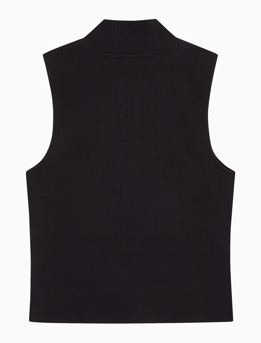 Buy 여성 우븐라벨 슬리브리스 하프 집업 탑 in color BLACK