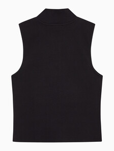 Buy 여성 우븐라벨 슬리브리스 하프 집업 탑 in color BLACK
