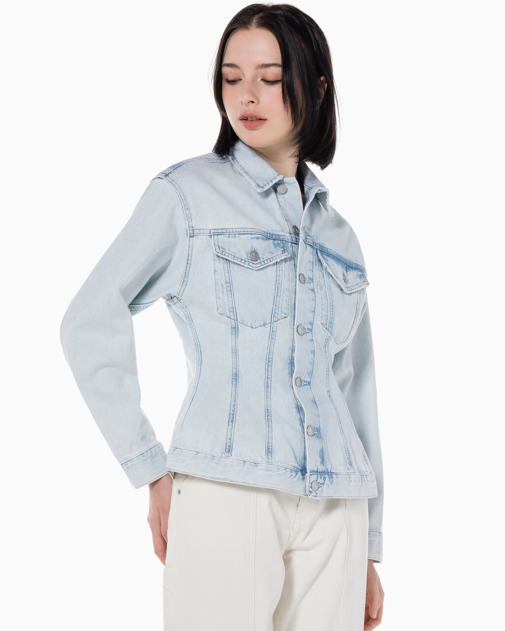 Buy 여성 오버사이즈핏 코르셋 데님 재킷 in color 028A CHALKY BLU