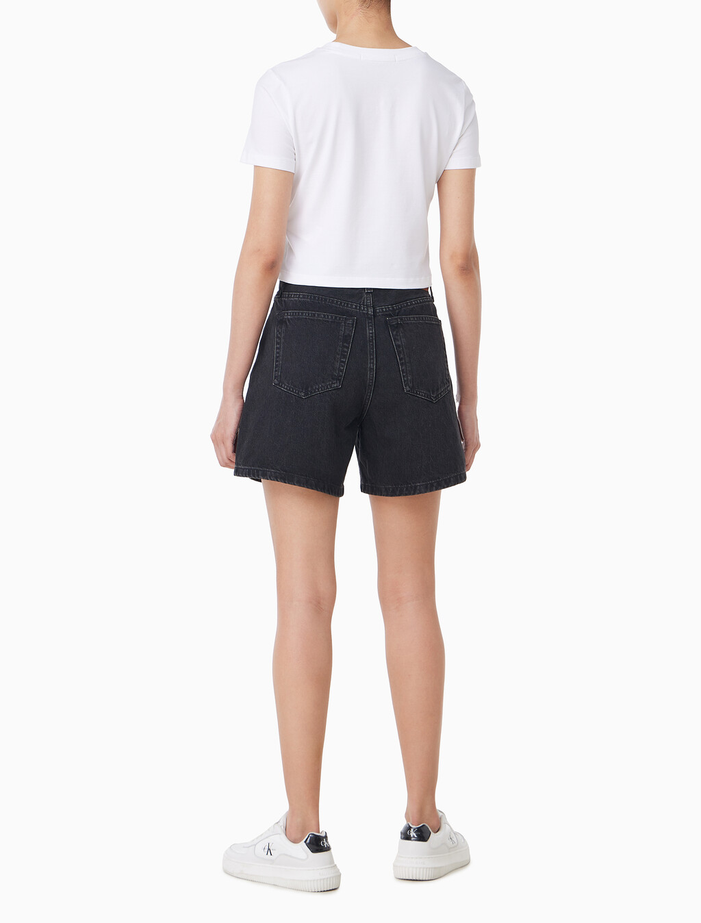 Buy 여성 하이라이즈 A라인 블랙 데님 쇼츠 in color CK ESSENTIAL BLACK