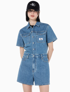 Buy 여성 미드블루 데님 숏 오버롤 in color MID BLUE BACK EMBRO