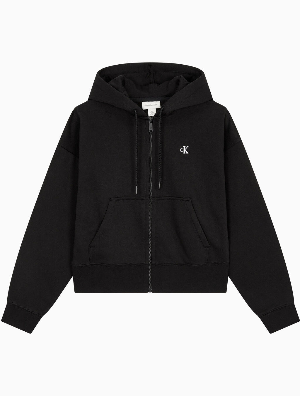 Buy 여성 아카이브 릴렉스핏 CK 스몰 로고 크롭 기모 후드 집업 in color BLACK