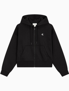 Buy 여성 아카이브 릴렉스핏 CK 스몰 로고 크롭 기모 후드 집업 in color BLACK