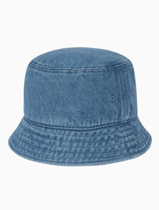 Buy 남녀공용 CKJ 스몰 모노그램 로고 데님 버킷햇 in color BLUE
