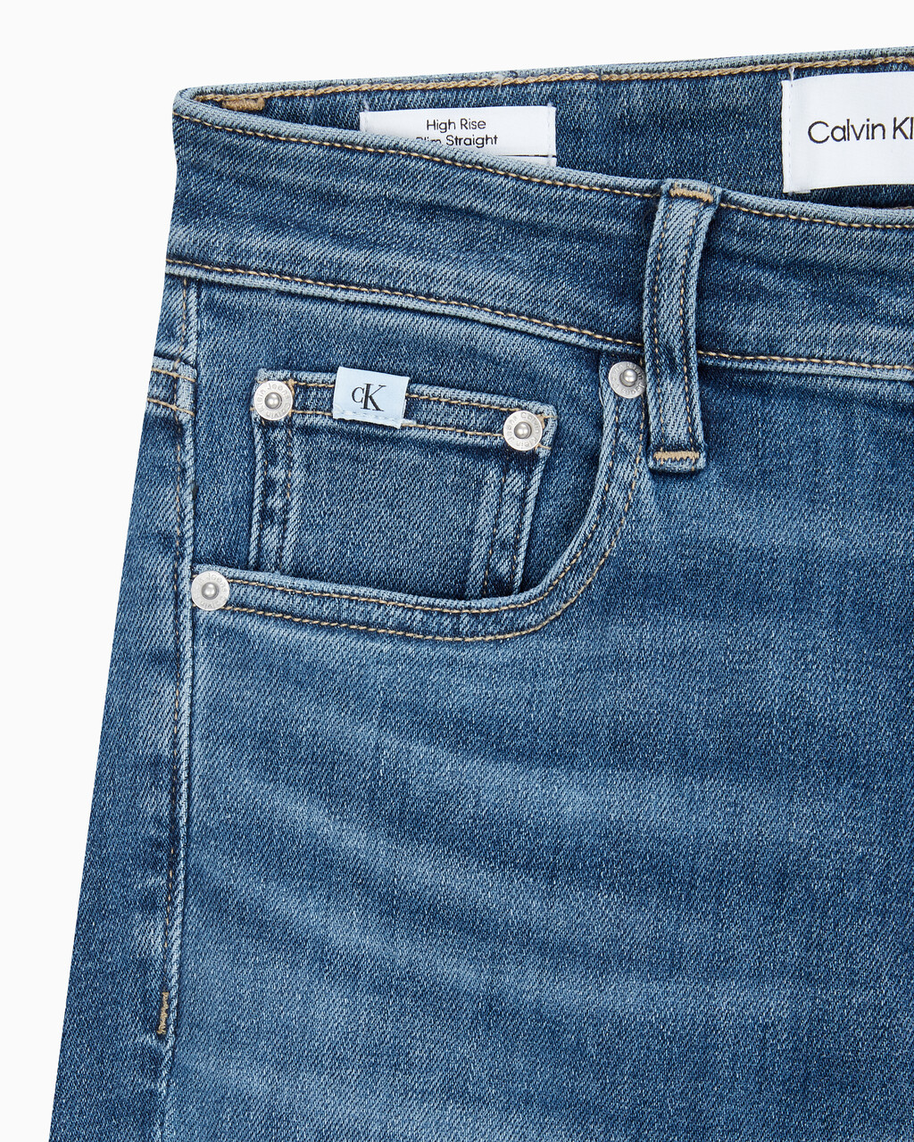 Buy 여성 하이라이즈 슬림 스트레이트핏 다크블루 데님 in color MID BLUE BACK EMBRO