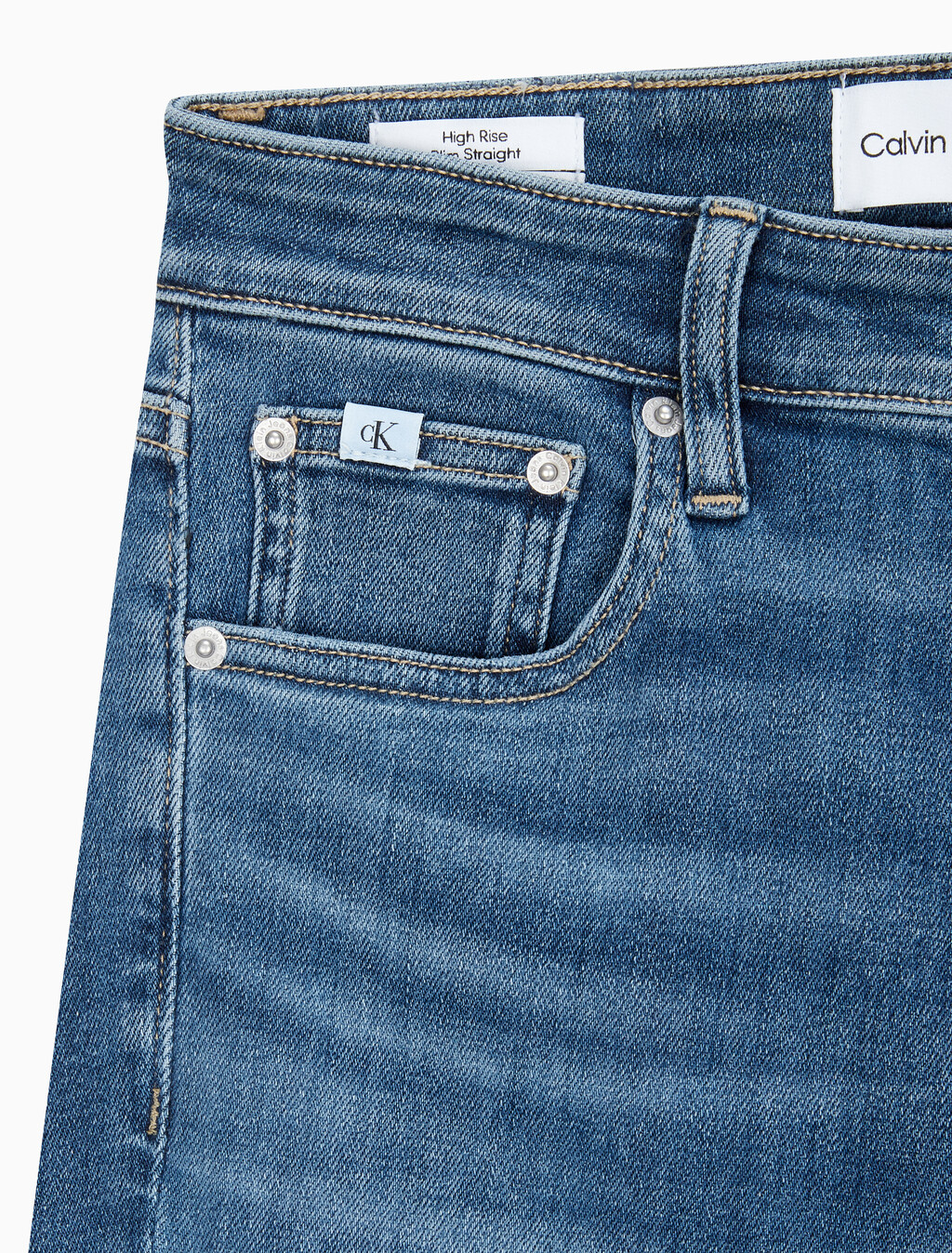 Buy 여성 하이라이즈 슬림 스트레이트핏 다크블루 데님 in color MID BLUE BACK EMBRO