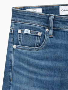 Buy 여성 하이라이즈 슬림 스트레이트핏 다크블루 데님 in color MID BLUE BACK EMBRO