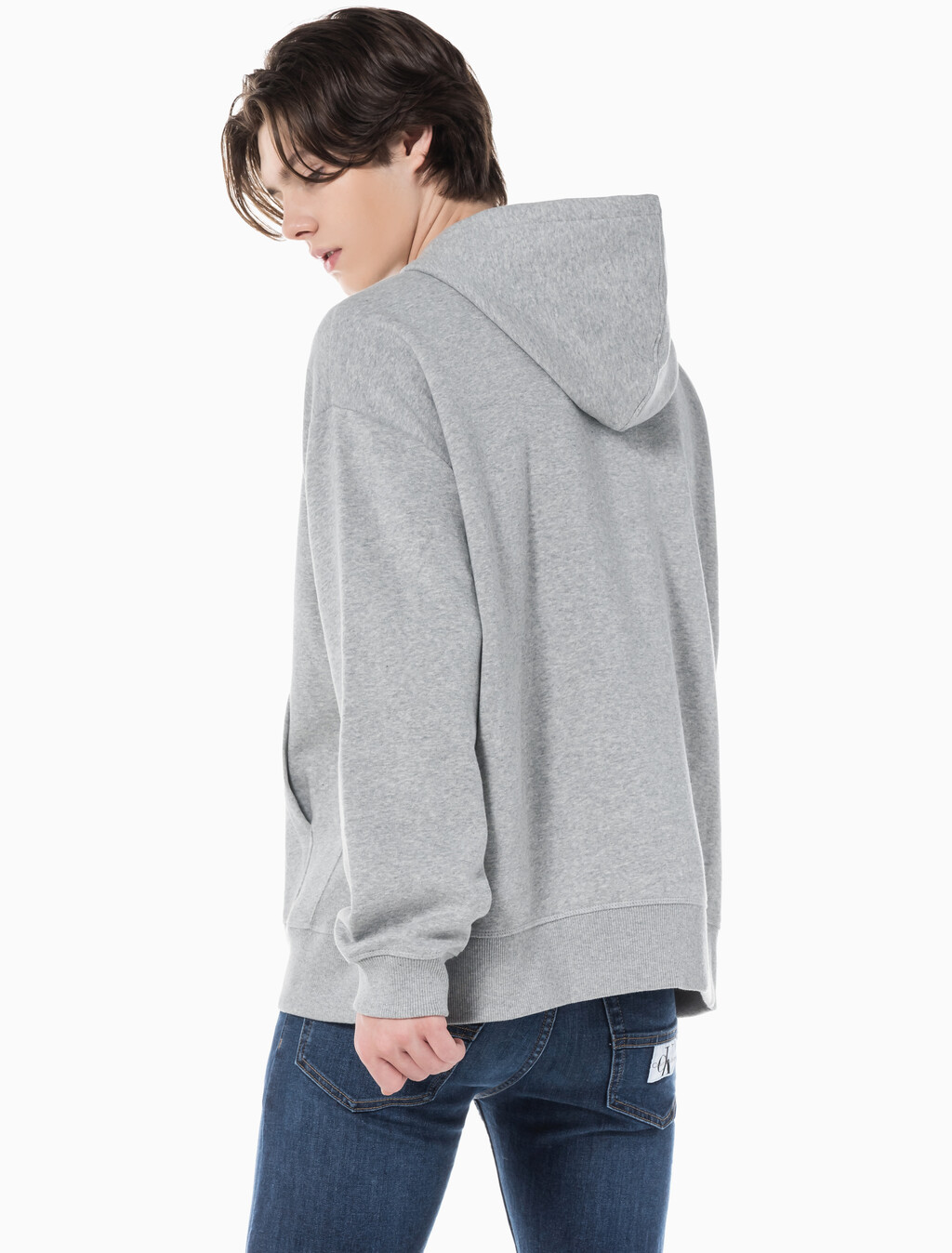 Buy 남성 아카이브 릴렉스핏 CK 스몰 로고 기모 후디 in color GREY HEATHER
