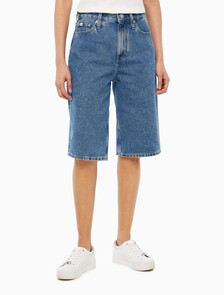 Buy 여성 롱 버뮤다 맘핏 쇼츠 in color MID BLUE BACK EMBRO