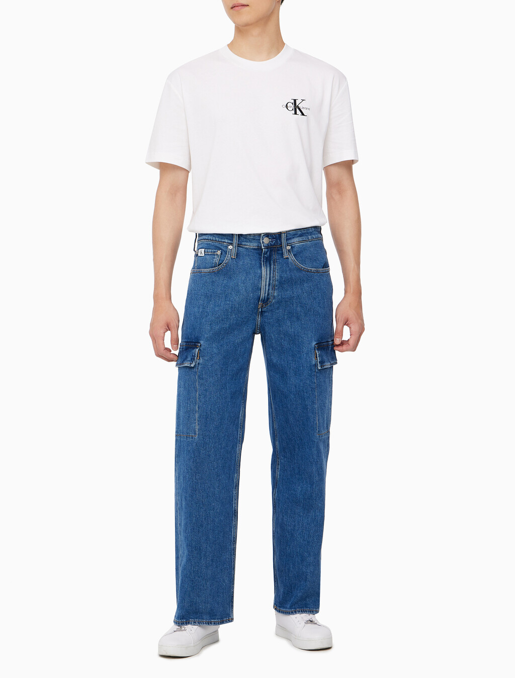 Buy 남성 90's 루즈핏 카고 데님 in color MID BLUE BACK EMBRO