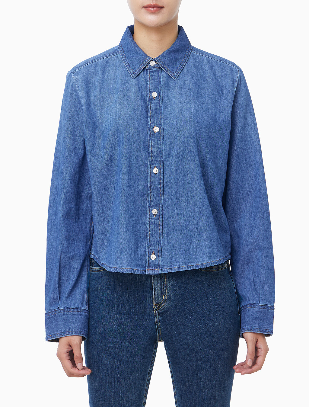 Buy 여성 크롭 인디고 L/S 셔츠 in color light blue