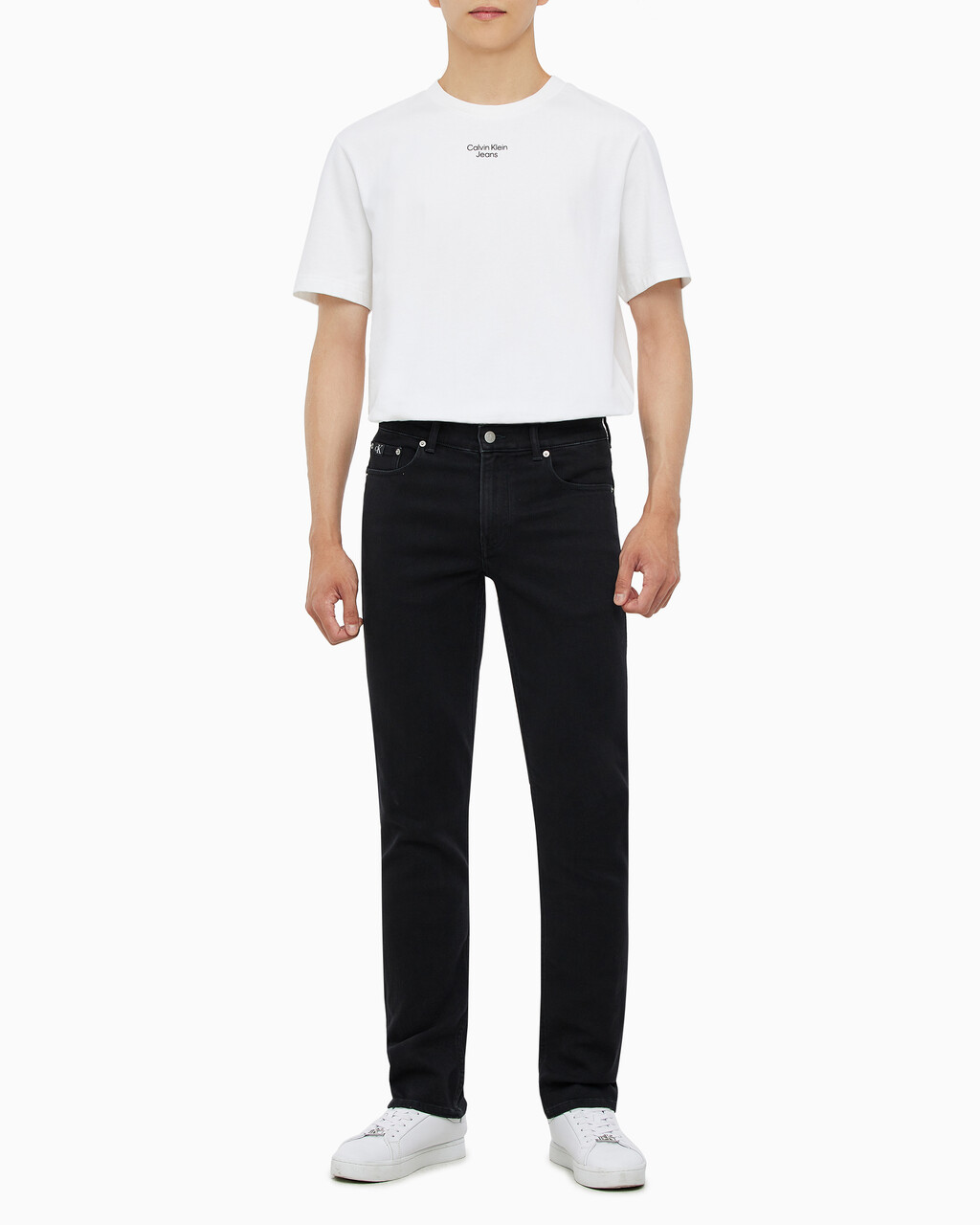 Buy 남성 바디핏 기모 블랙 데님 in color WASHED BLACK LOGO LACE