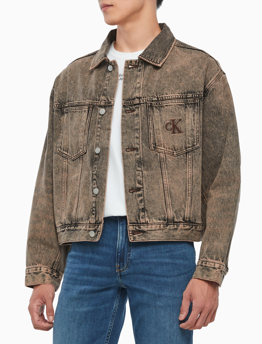 Buy 남성 박시 데님 자켓 in color MID BLUE BACK EMBRO