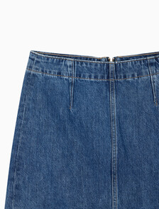 Buy 여성 미드라이즈 A라인 다티드 미니 스커트 in color MID BLUE BACK EMBRO