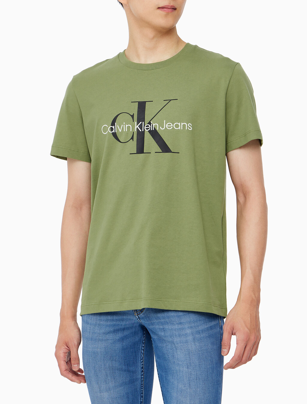 Buy 남성 레귤러핏 모노그램 엠브로이더리 로고 반팔 티셔츠  in color KHAKI
