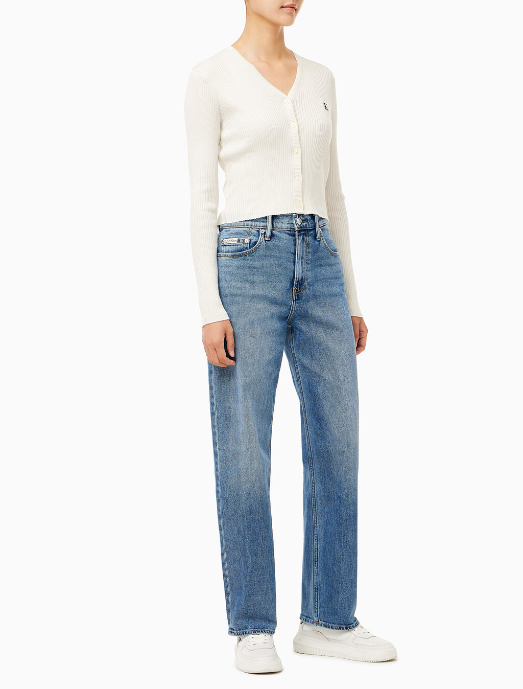 Buy 여성 하이라이즈 루즈핏 미드블루 데님 in color MID BLUE BACK EMBRO