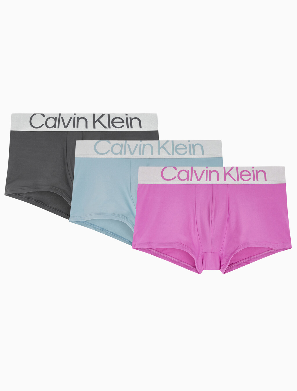 Buy 남성 CK 리컨시더드 스틸 마이크로 로우라이즈 드로즈 3PK in color BLUE/CHARCOAL/PINK