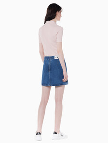 Buy 여성 미드라이즈 A라인 다티드 미니 스커트 in color MID BLUE BACK EMBRO