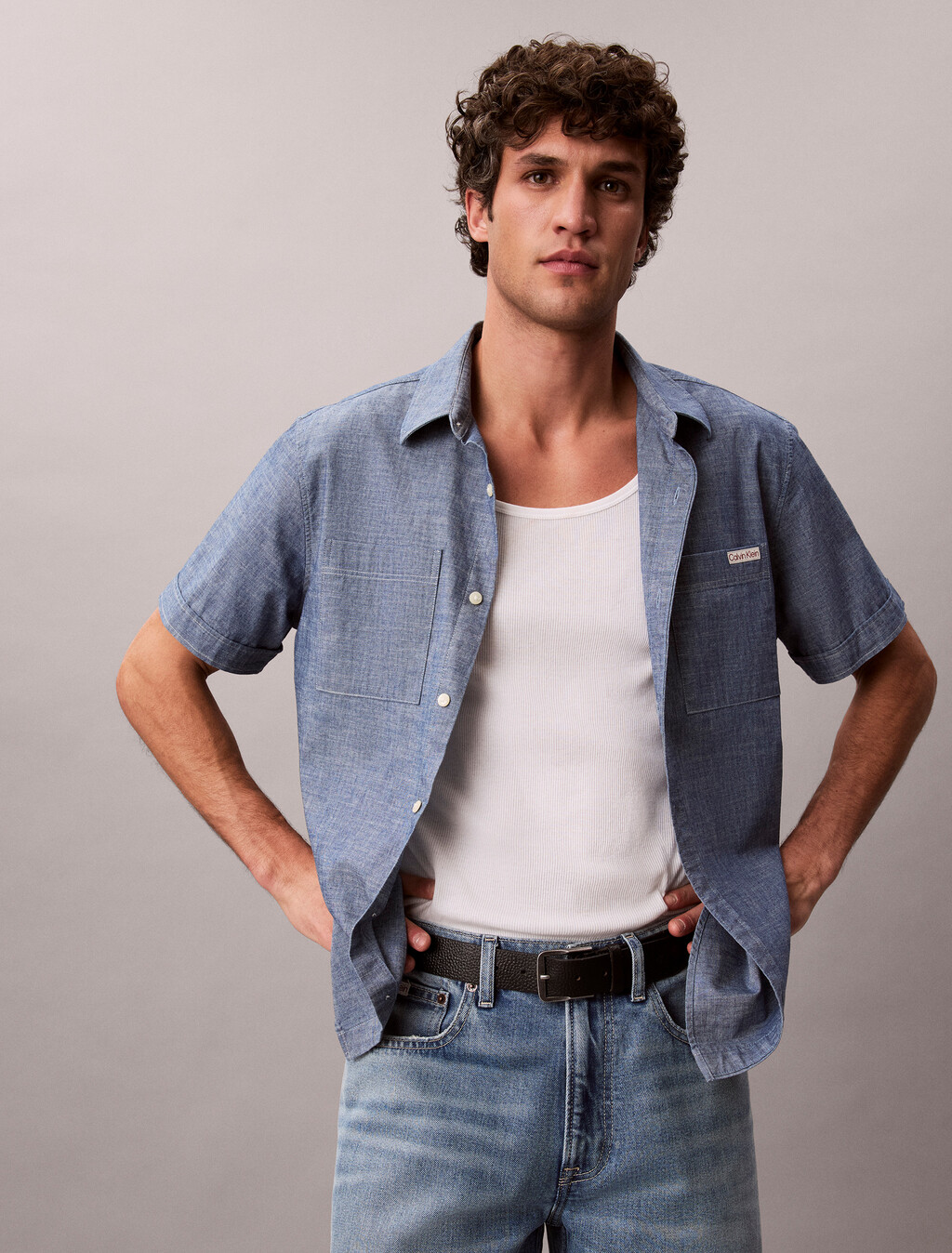 Buy 샴브레이 클래식 숏슬리브 셔츠 in color Deep Indigo Blue