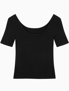 Buy 여성 스쿱넥 립 반팔 티셔츠 in color BLACK