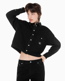 Buy 여성 크롭 대드 데님 셔츠 in color WASHED BLACK LOGO LACE