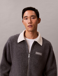 Buy 남성 모일드 메리노 울 콘트라스트 카라 풀집 가디건 in color MEDIUM GREY HEATHER