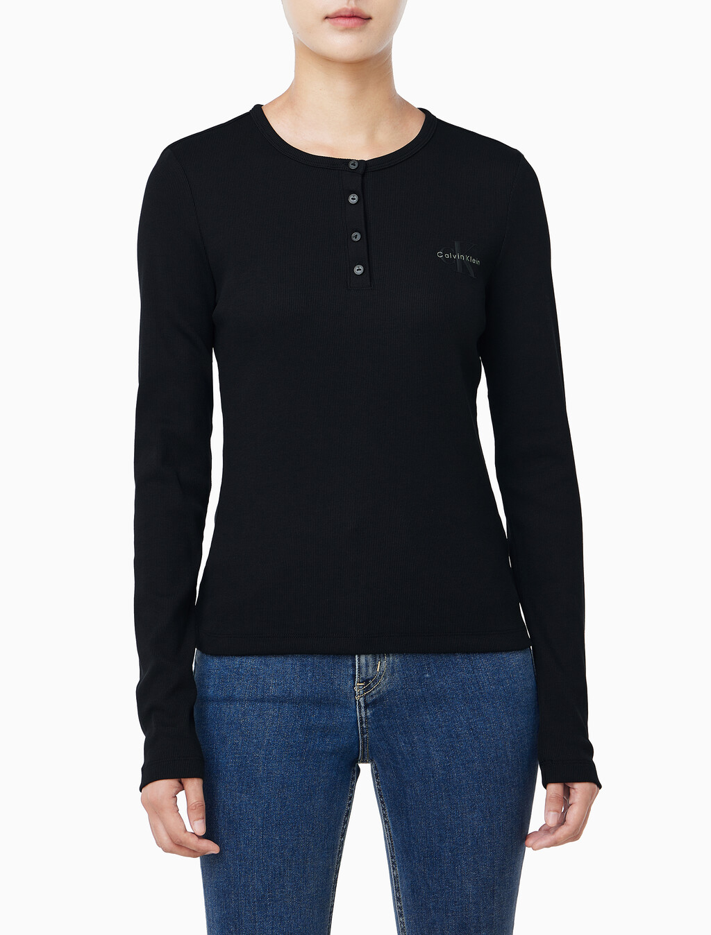 Buy 여성 모노그램 롱슬리브 헨리넥 티셔츠 in color BLACK