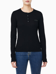 Buy 여성 모노그램 롱슬리브 헨리넥 티셔츠 in color BLACK