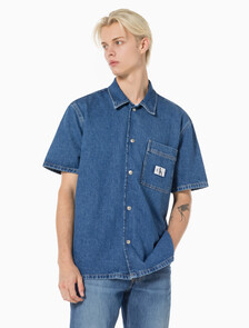 Buy 남성 데님 캠프 반팔 셔츠 in color MID BLUE BACK EMBRO