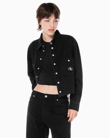 Buy 여성 크롭 대드 데님 셔츠 in color WASHED BLACK LOGO LACE
