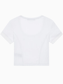 Buy 여성 엠보스 로고 U넥 크롭 반팔 티셔츠 in color BRIGHT WHITE