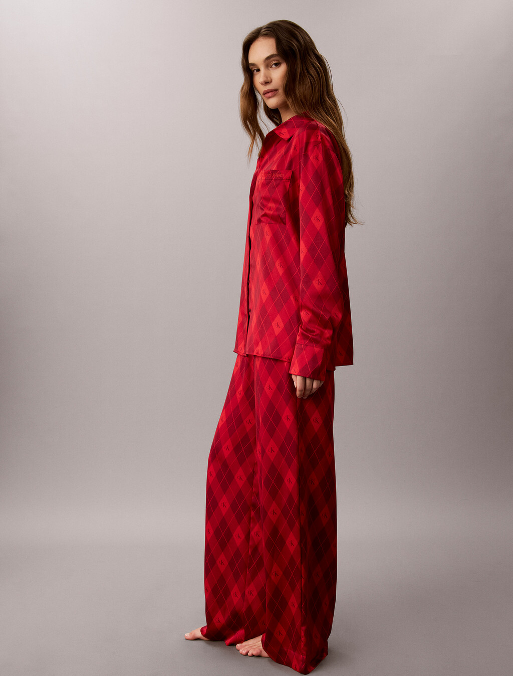 Buy 여성 새틴 쉬인 AOP 셔츠 in color ARGYLE 25+ESTABLISHED RED WHITE