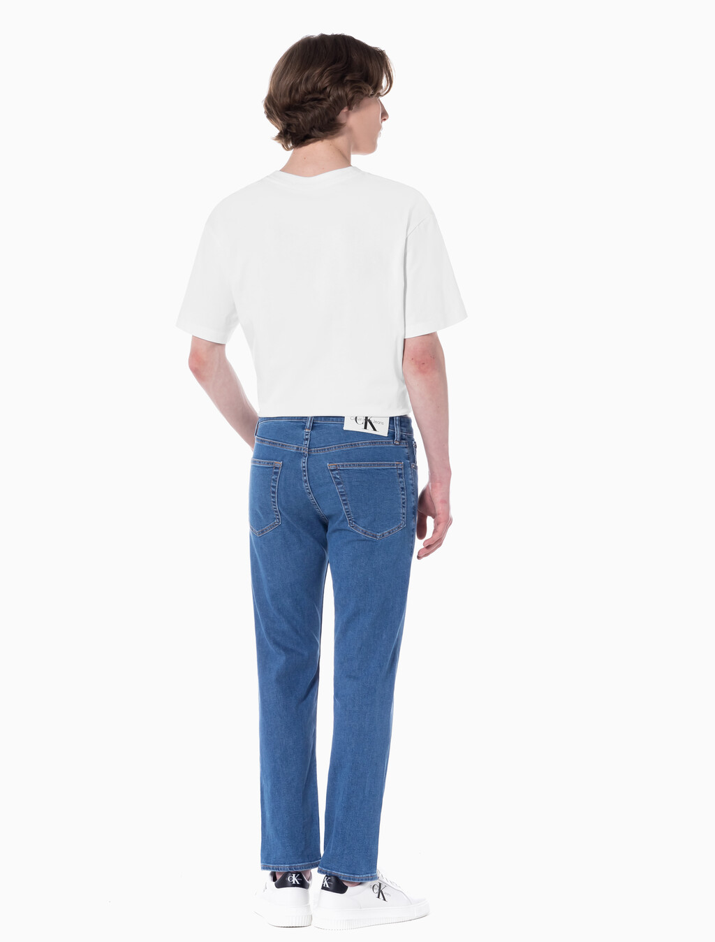 Buy 남성 슬림 스트레이트 크롭핏 미드블루 에코 쿨 데님 in color MID BLUE BACK EMBRO