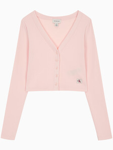 Buy 여성 롱슬리브 우븐 라벨 립 가디건 in color CLOUD PINK