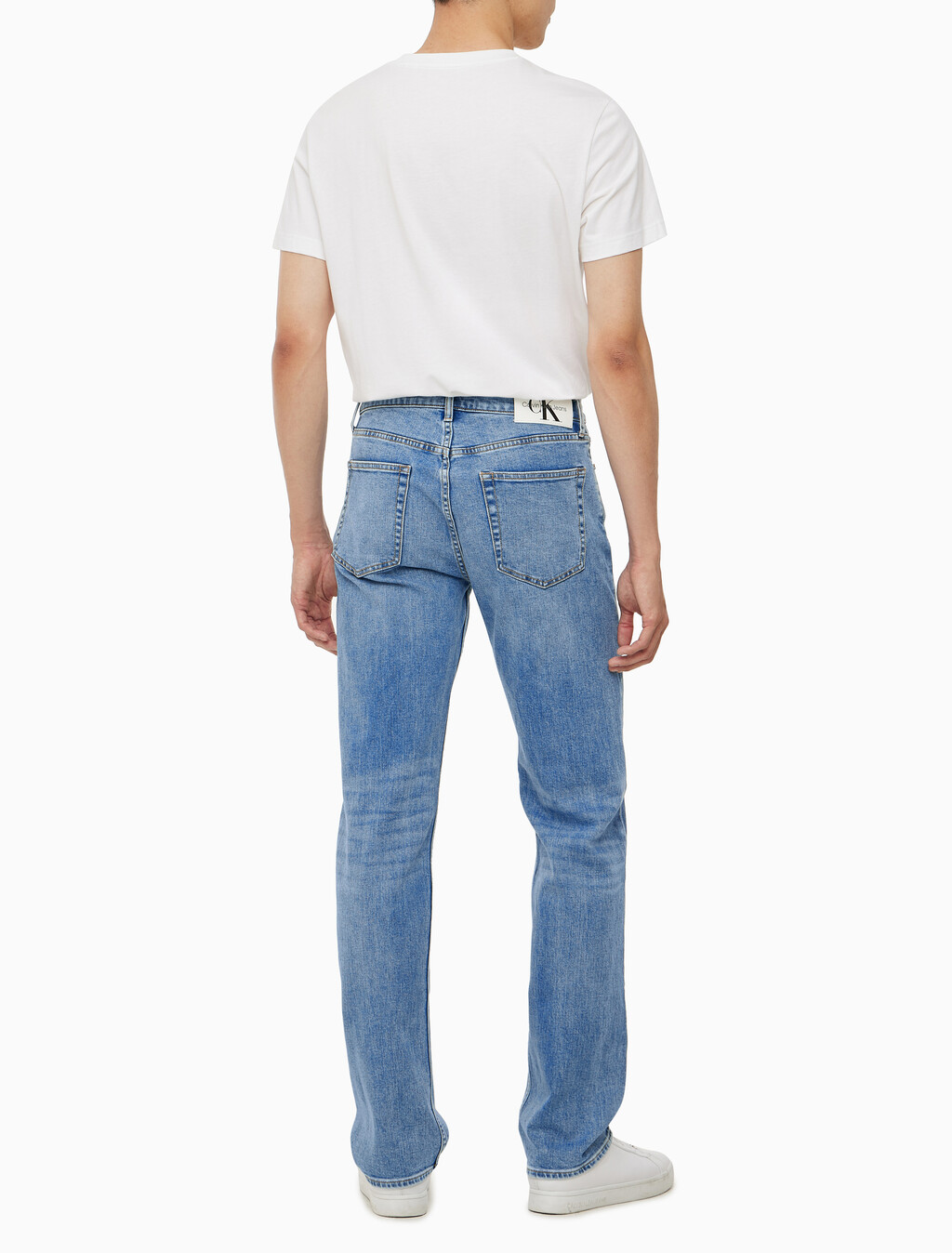 Buy 남성 스탠다드 스트레이트핏 미드블루 워시 데님 in color MID BLUE BACK EMBRO