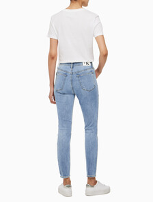 Buy 여성 하이라이즈 스키니핏 앵클 미드블루 에코 쿨 데님 in color MID BLUE BACK EMBRO