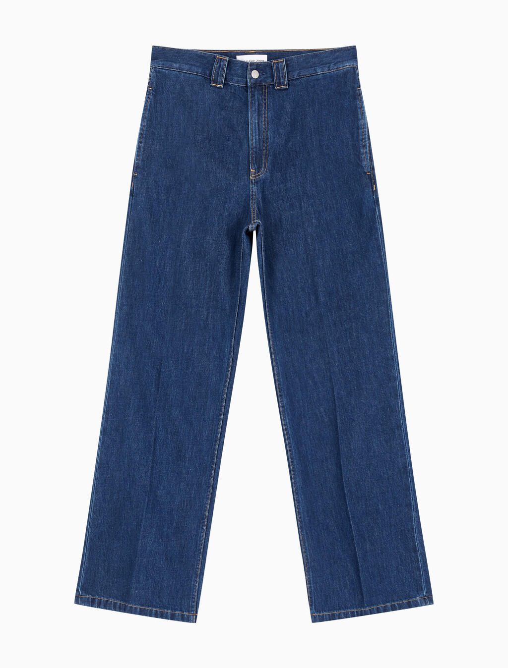 Buy 남성 클린 프레스드 와이드핏 트라우저 데님 in color MID BLUE BACK EMBRO