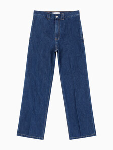 Buy 남성 클린 프레스드 와이드핏 트라우저 데님 in color MID BLUE BACK EMBRO