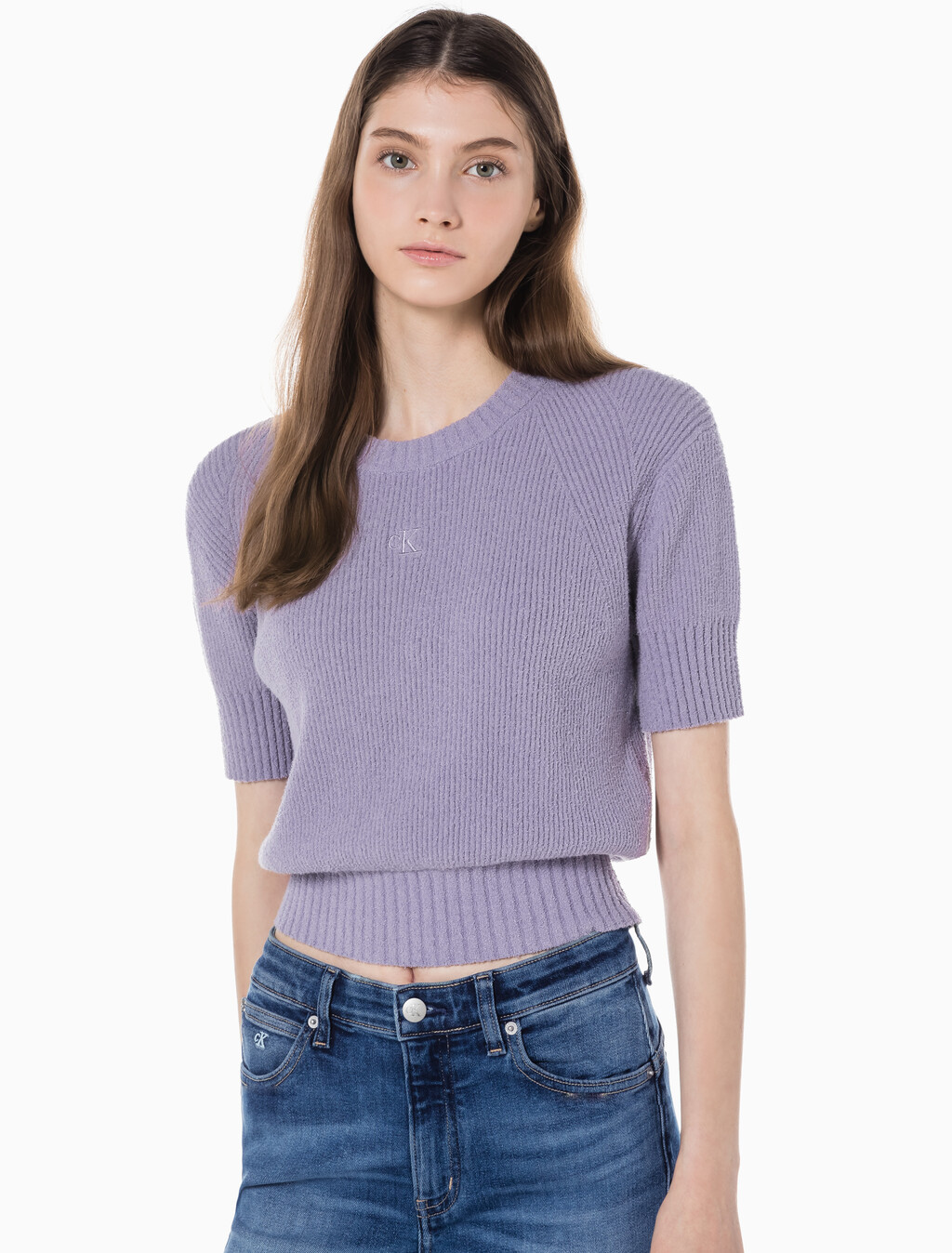 Buy 여성 벌룬 반팔 니트 탑 in color LAVENDER