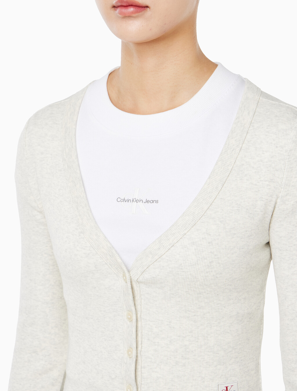 Buy 여성 우븐라벨 베이비립 가디건 in color VANILLA HEATHER