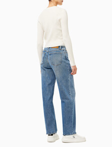 Buy 여성 하이라이즈 루즈핏 미드블루 데님 in color MID BLUE BACK EMBRO