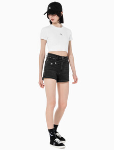 Buy 여성 하이라이즈 블랙 데님 쇼츠 in color WASHED BLACK LOGO LACE