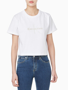 Buy 여성 리퀴드 CK 크롭 반팔 티셔츠 in color BRILLIANT WHITE